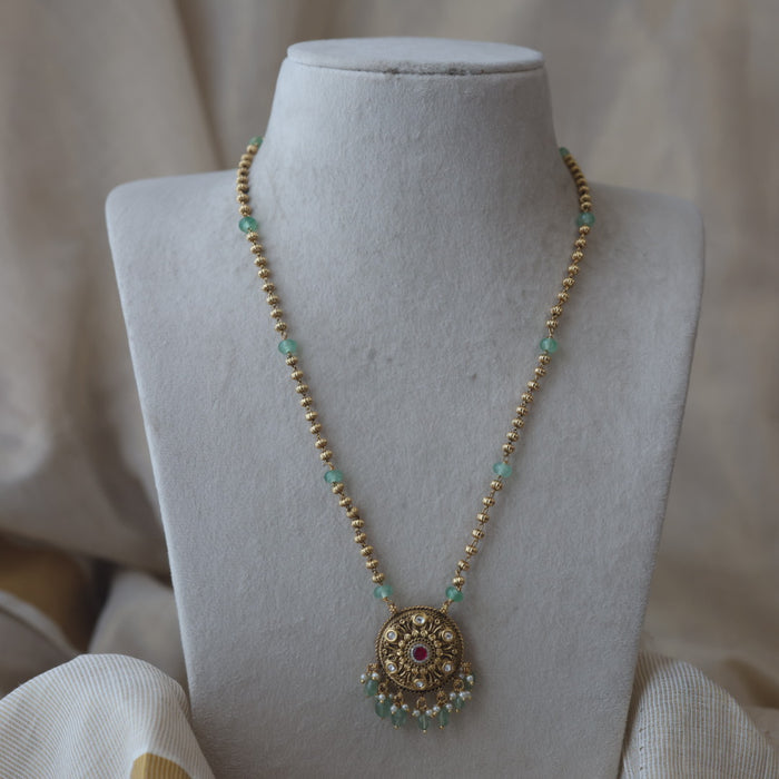 Antique gold and green pearl long necklace with earrings LL02411