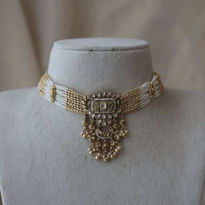 Antique gold and pearl choker necklace with earrings CCB16322