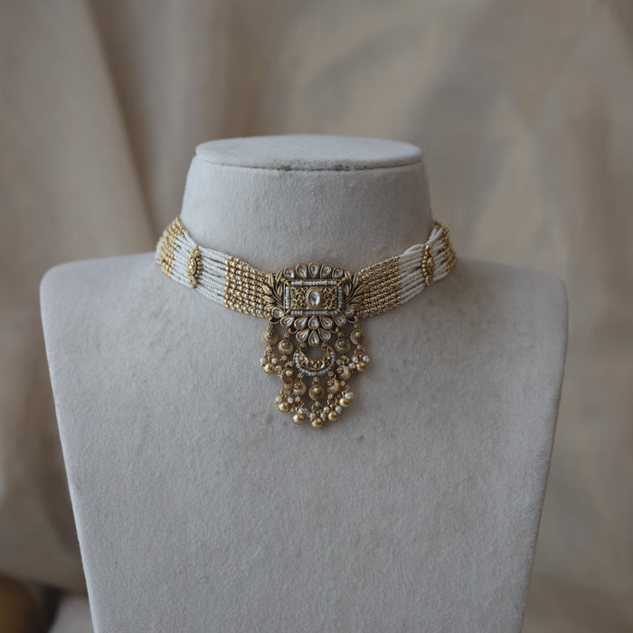 Antique gold and pearl choker necklace with earrings CCB16322