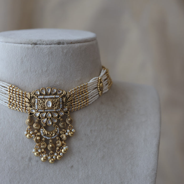 Antique gold and pearl choker necklace with earrings CCB16322