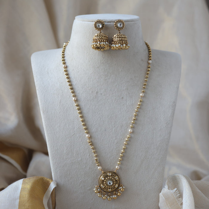 Antique gold and pearl long necklace with earrings LL02455