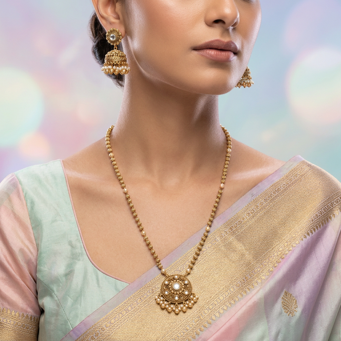 Antique gold and pearl long necklace with earrings LL02455