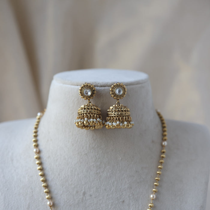 Antique gold and pearl long necklace with earrings LL02455