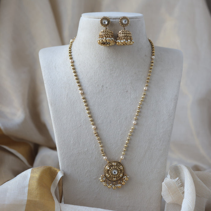 Antique gold and pearl long necklace with earrings LL02455