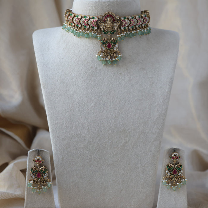 Antique kemp stone green bead choker necklace with earrings CCB2678