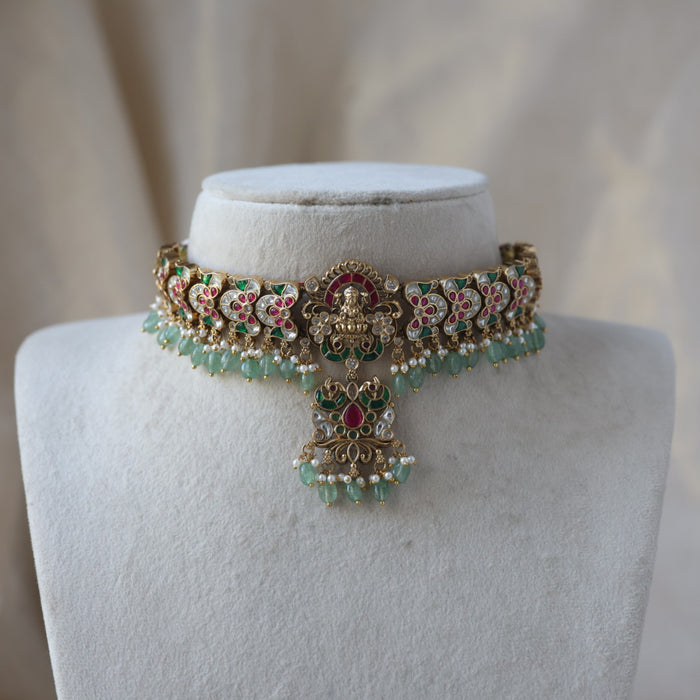 Antique kemp stone green bead choker necklace with earrings CCB2678