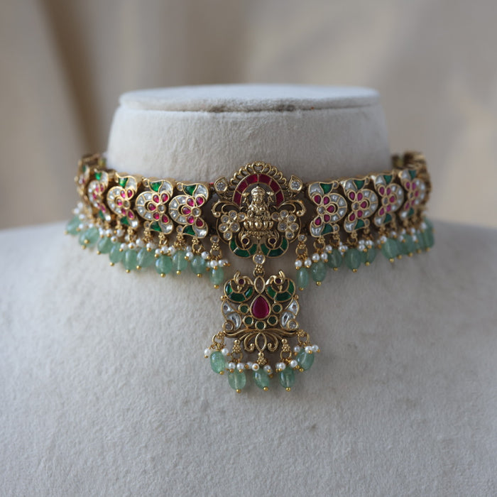 Antique kemp stone green bead choker necklace with earrings CCB2678