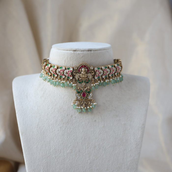 Antique kemp stone green bead choker necklace with earrings CCB2678
