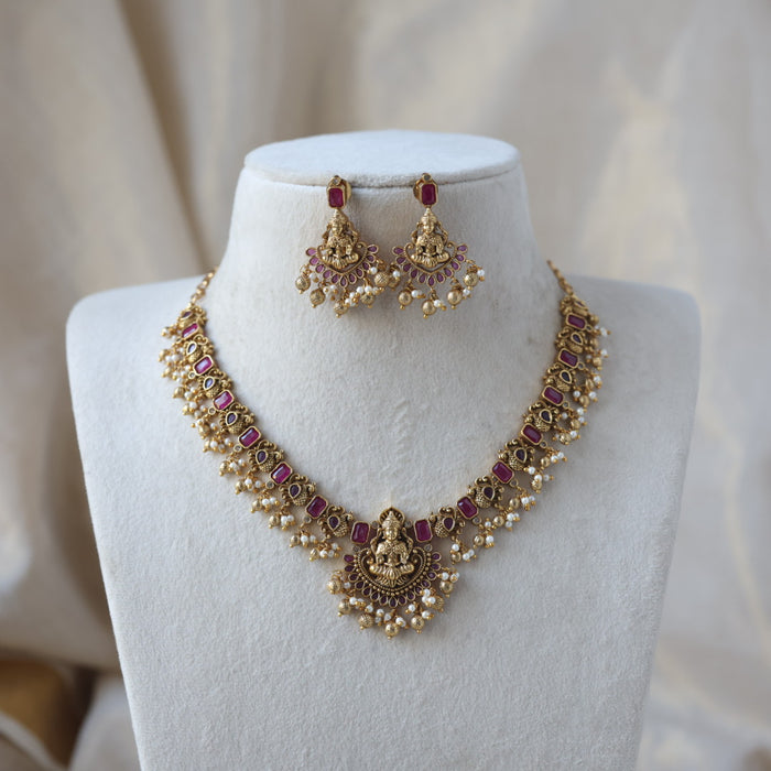 Antique gold temple design necklace and earrings SS115623
