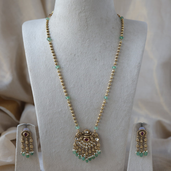 Antique gold green bead long necklace and earrings LL026744