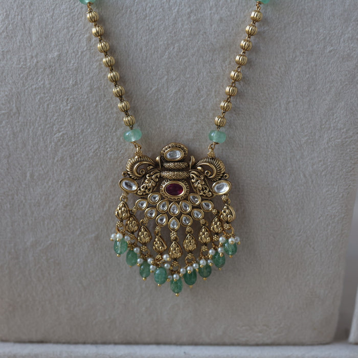 Antique gold green bead long necklace and earrings LL026744