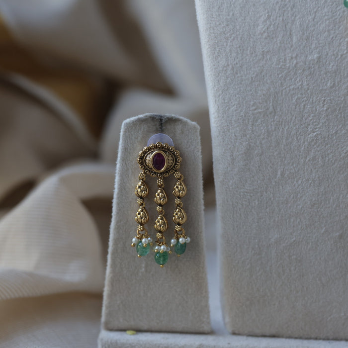Antique gold green bead long necklace and earrings LL026744