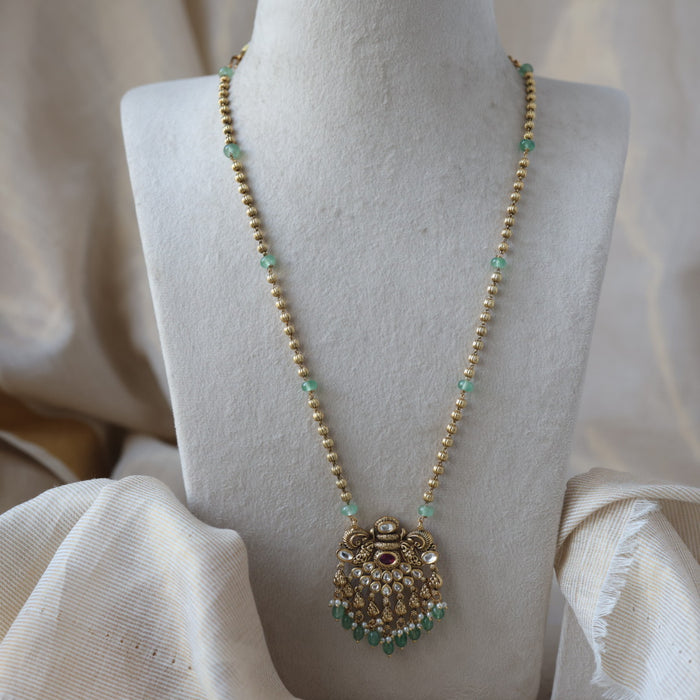 Antique gold green bead long necklace and earrings LL026744