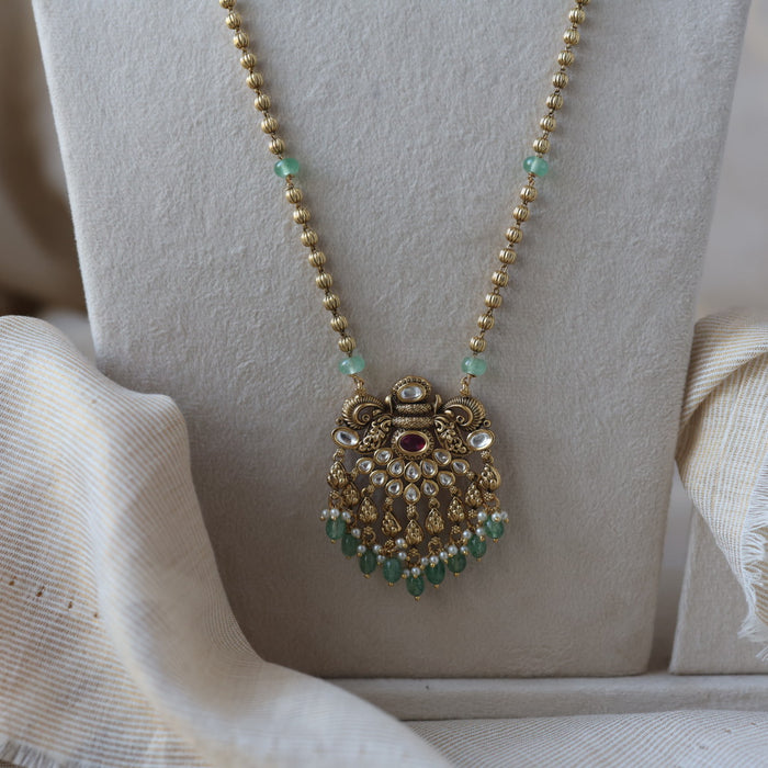 Antique gold green bead long necklace and earrings LL026744