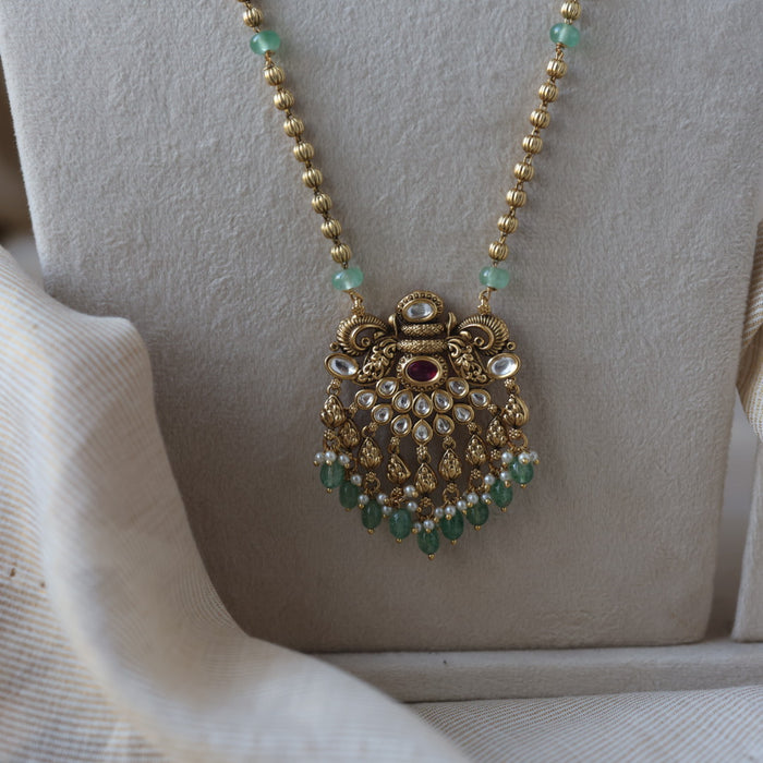 Antique gold green bead long necklace and earrings LL026744