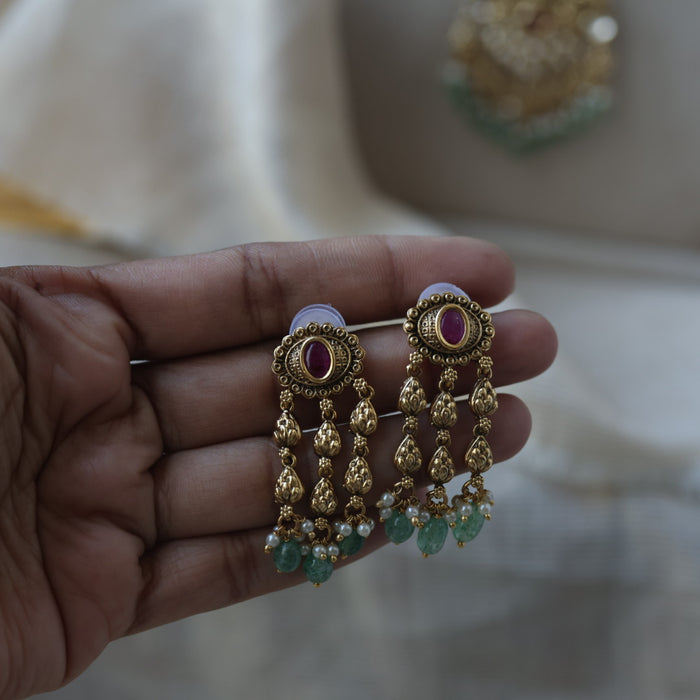 Antique gold green bead long necklace and earrings LL026744