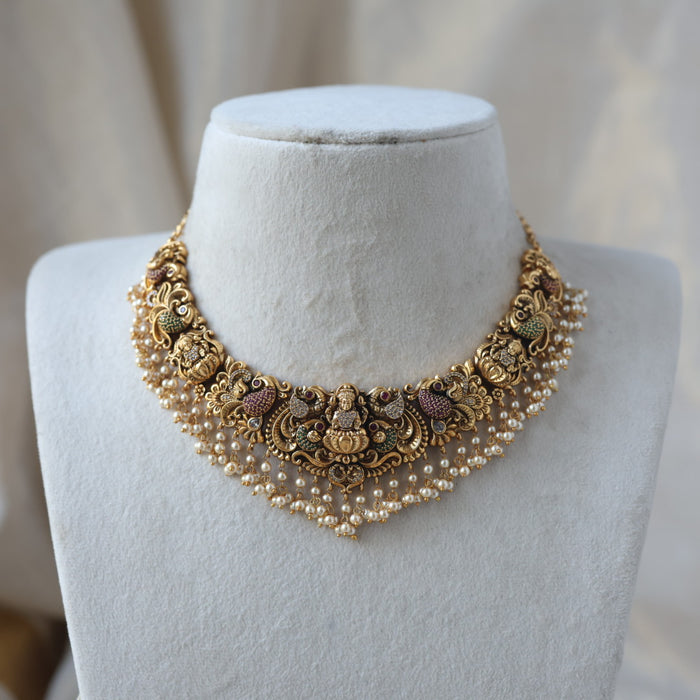 Antique gold temple desing short necklace and earrings SS11982