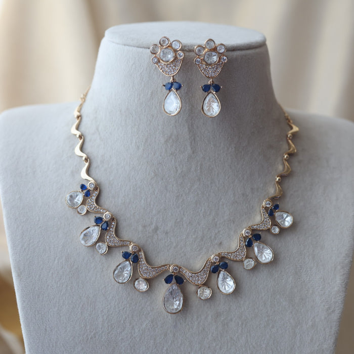 Kundan blue and white stone short necklace with earrings IN1799