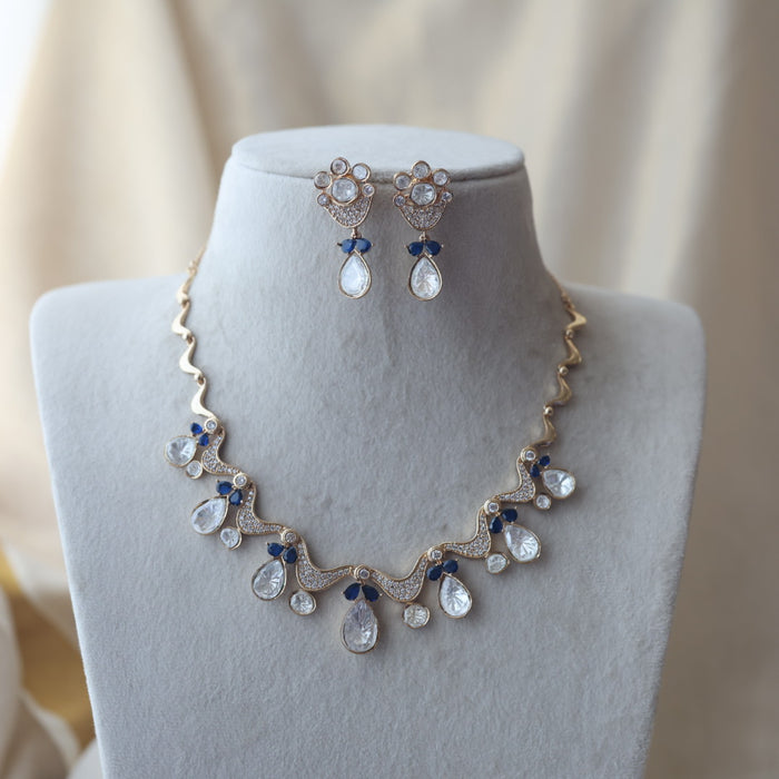 Kundan blue and white stone short necklace with earrings IN1799