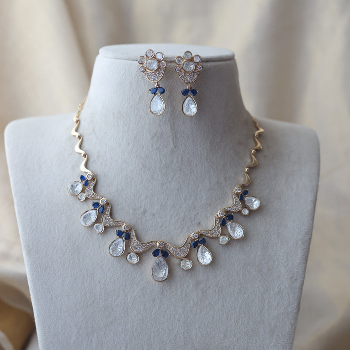 Kundan blue and white stone short necklace with earrings IN1799