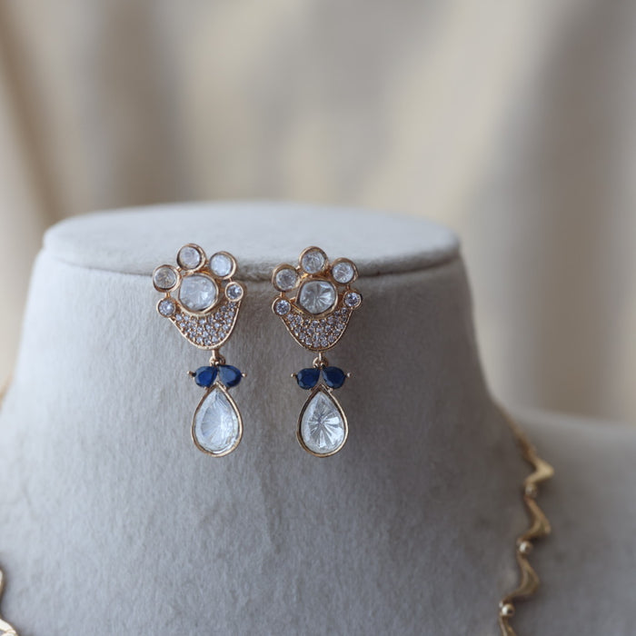 Kundan blue and white stone short necklace with earrings IN1799