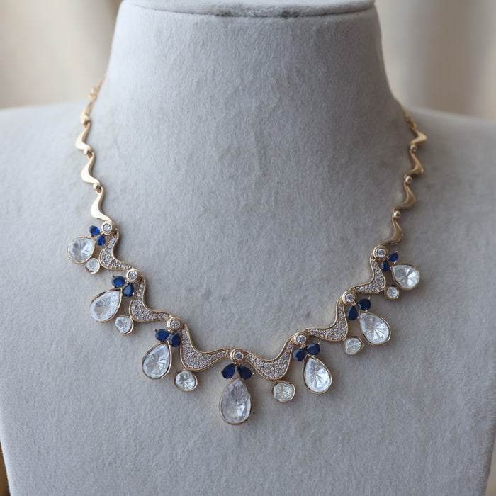 Kundan blue and white stone short necklace with earrings IN1799