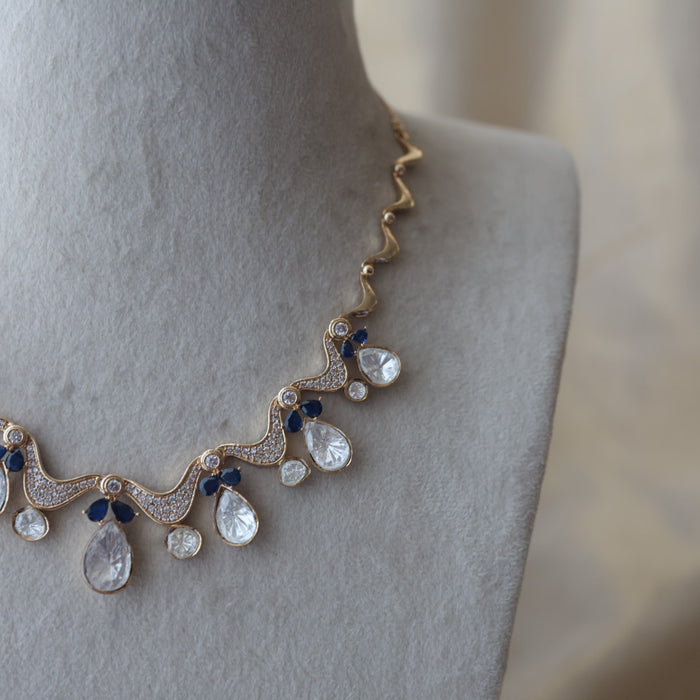 Kundan blue and white stone short necklace with earrings IN1799