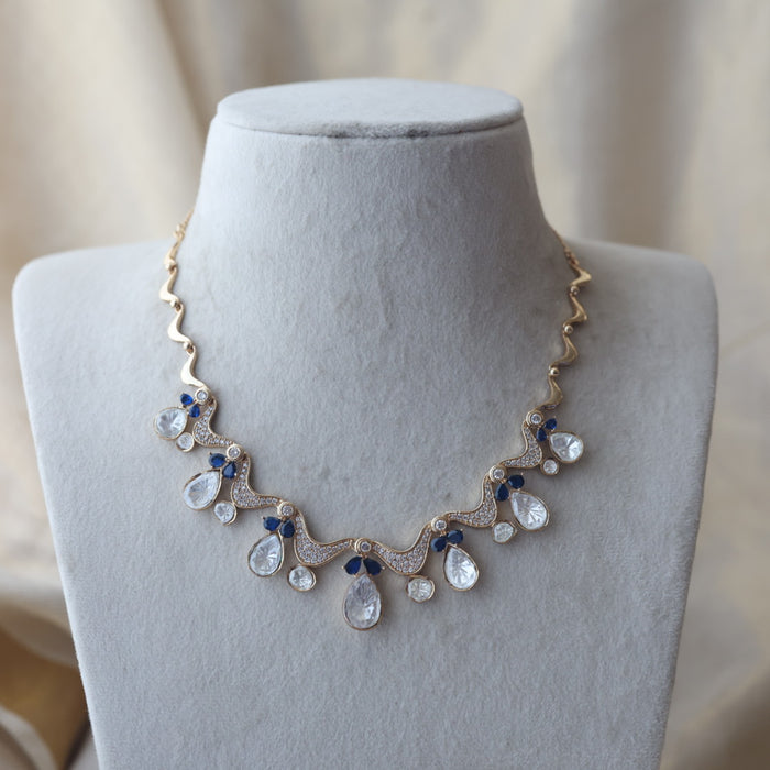 Kundan blue and white stone short necklace with earrings IN1799