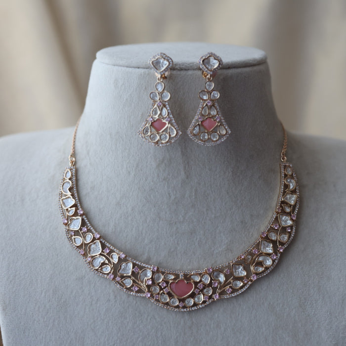 Kundan pink and white stone short necklace with earrings IN17890