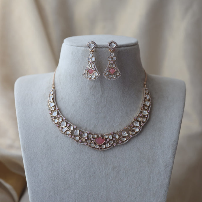 Kundan pink and white stone short necklace with earrings IN17890