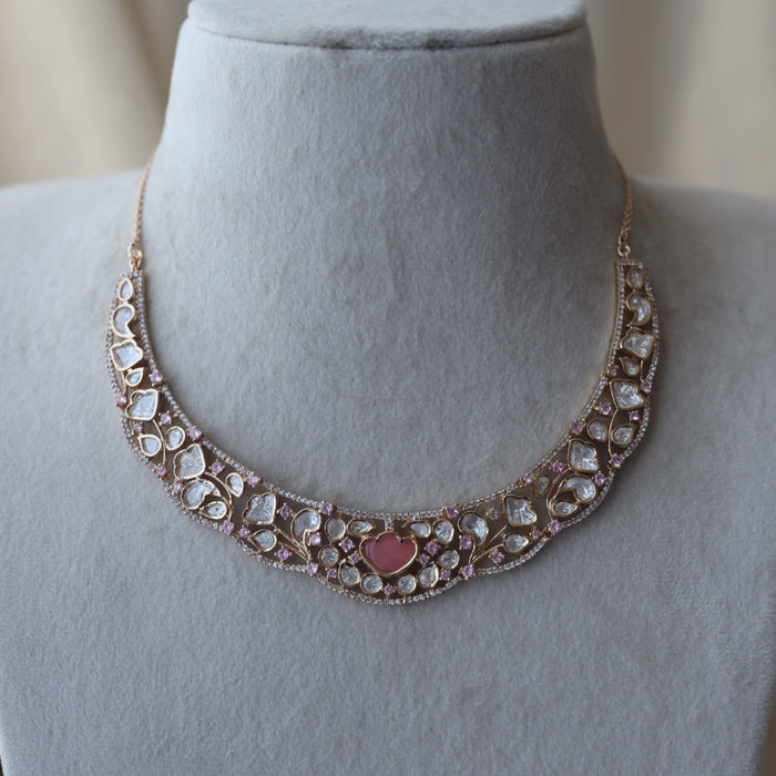 Kundan pink and white stone short necklace with earrings IN17890