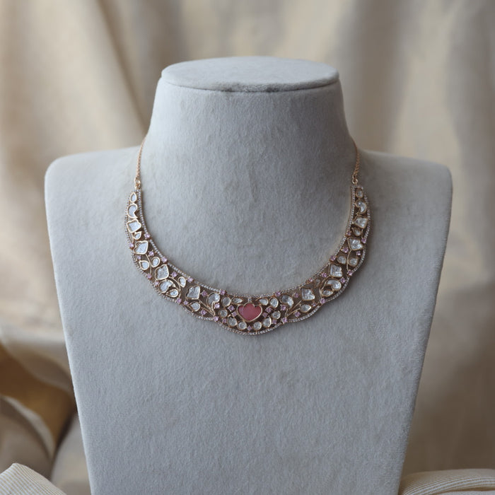 Kundan pink and white stone short necklace with earrings IN17890
