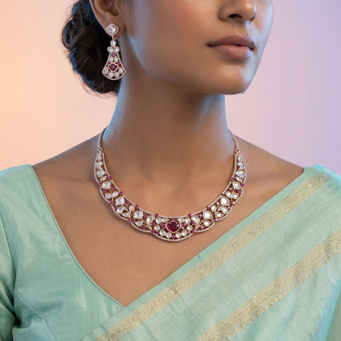 Kundan ruby white stone short necklace with earrings MS135
