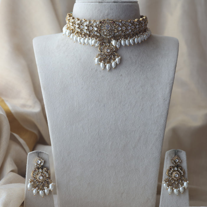 Antique white stone choker necklace and earrings CCB26732