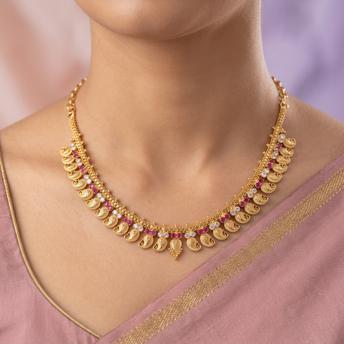 Heritage gold plated ruby white stone mango short necklace HL5582