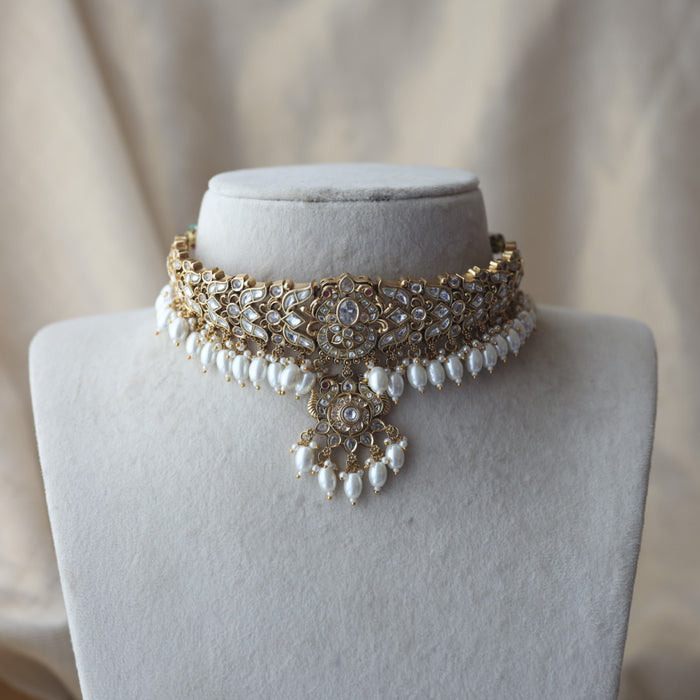 Antique white stone choker necklace and earrings CCB26732