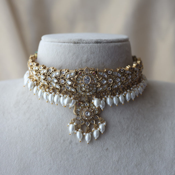 Antique white stone choker necklace and earrings CCB26732