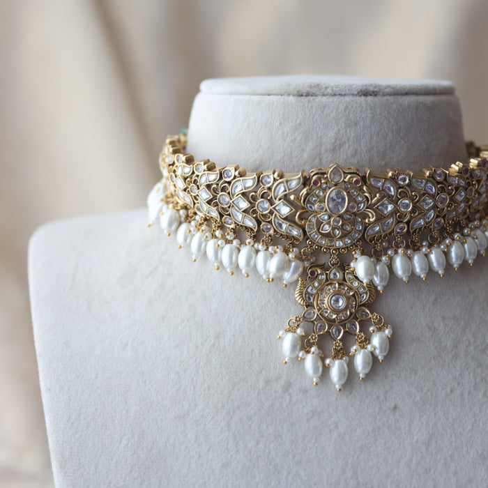 Antique white stone choker necklace and earrings CCB26732