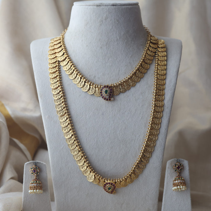 Antique gold coin desing long and short  necklace with earrings HLS782E