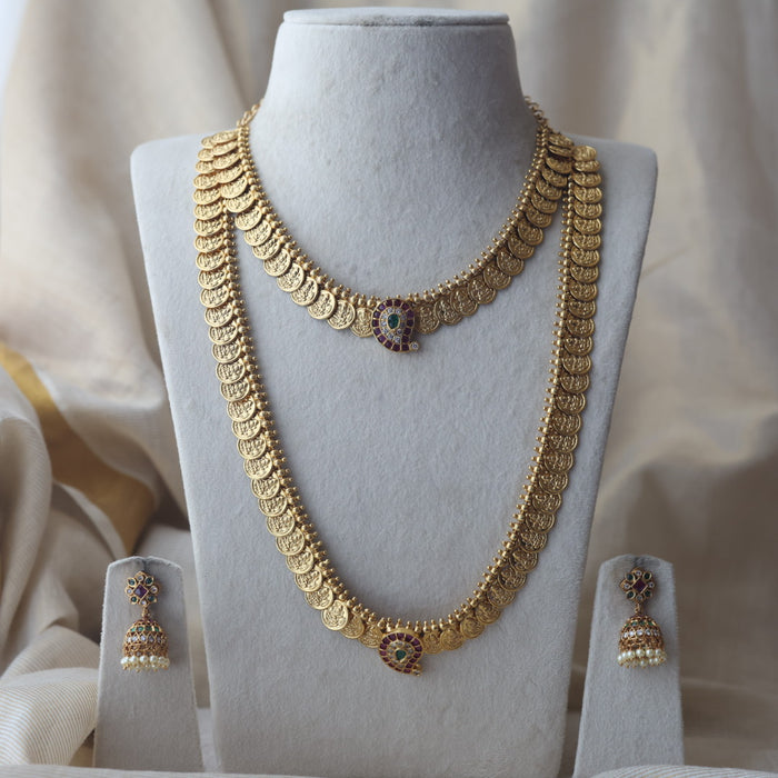 Antique gold coin desing long and short  necklace with earrings HLS782E