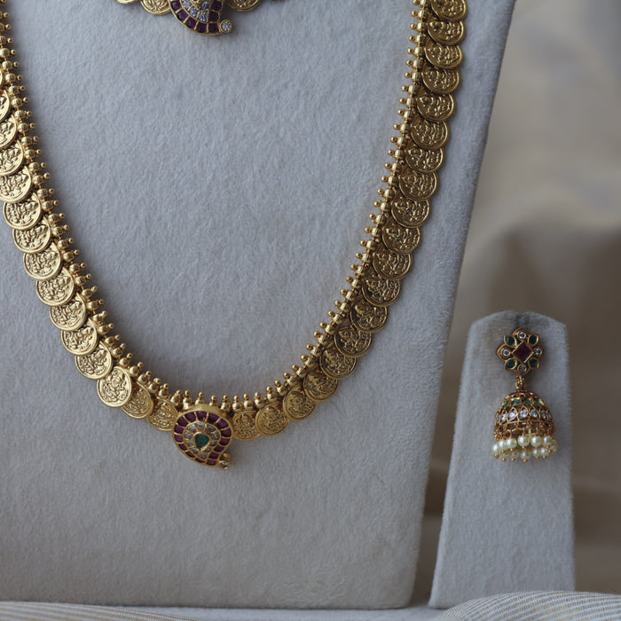 Antique gold coin desing long and short  necklace with earrings HLS782E