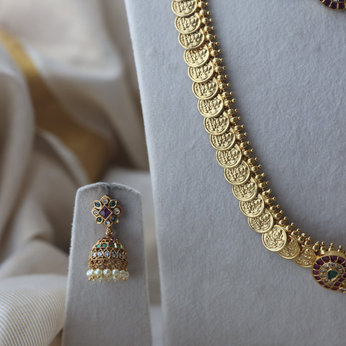 Antique gold coin desing long and short  necklace with earrings HLS782E