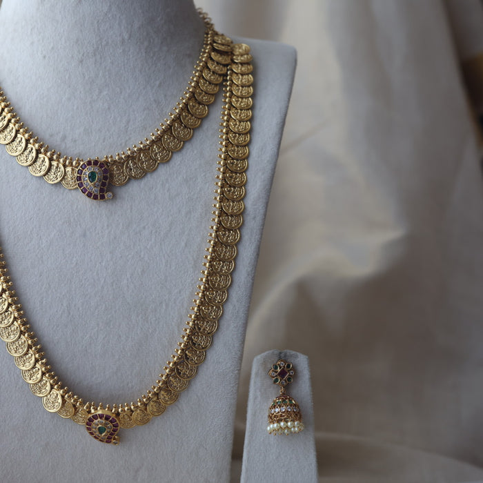 Antique gold coin desing long and short  necklace with earrings HLS782E