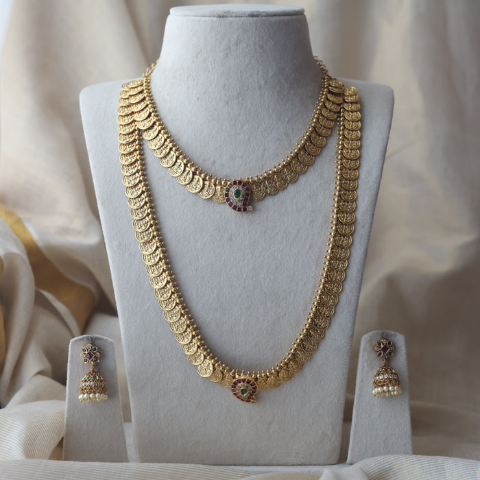 Antique gold coin desing long and short  necklace with earrings HLS782E