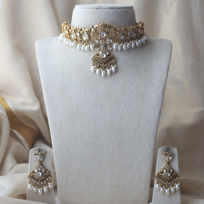 Antique gold and pearl choker necklace with earrings CCB2243
