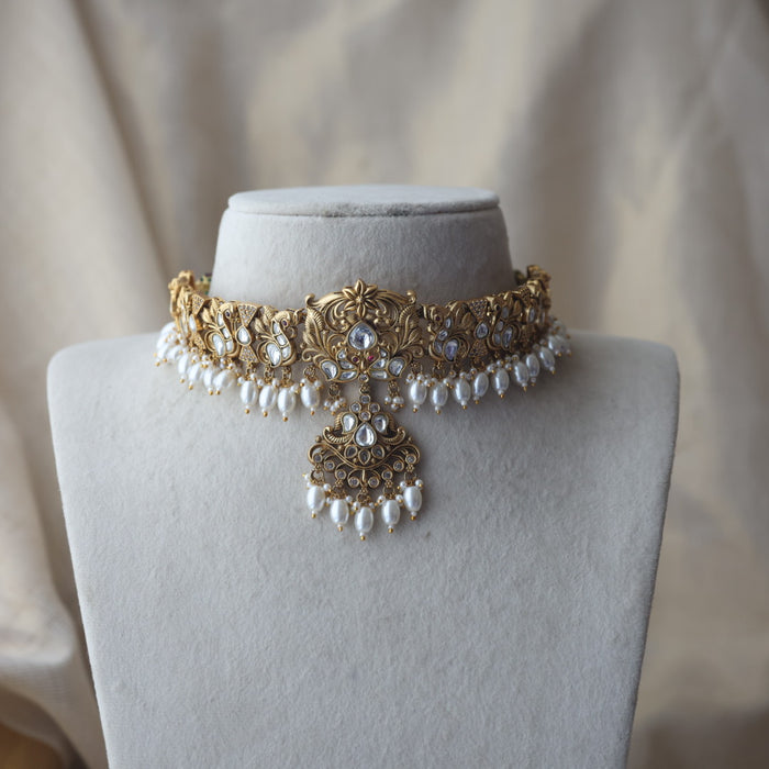 Antique gold and pearl choker necklace with earrings CCB2243