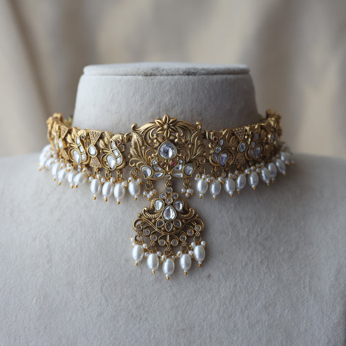 Antique gold and pearl choker necklace with earrings CCB2243