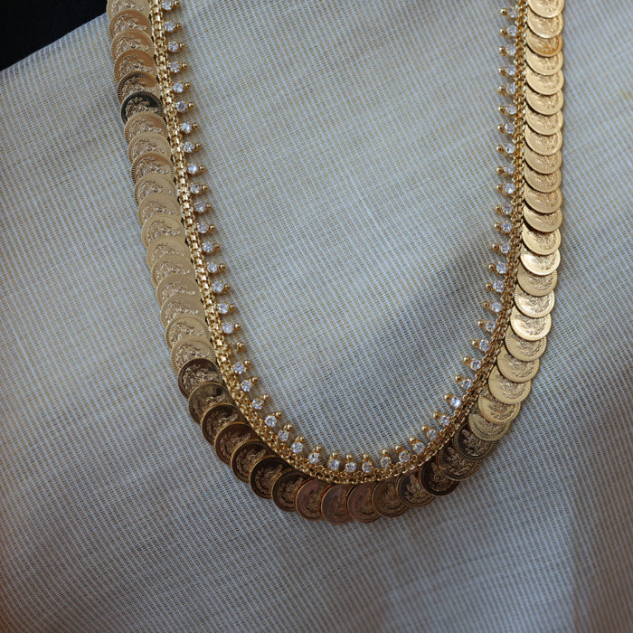 Heritage gold plated white stone coin long necklace HL5199