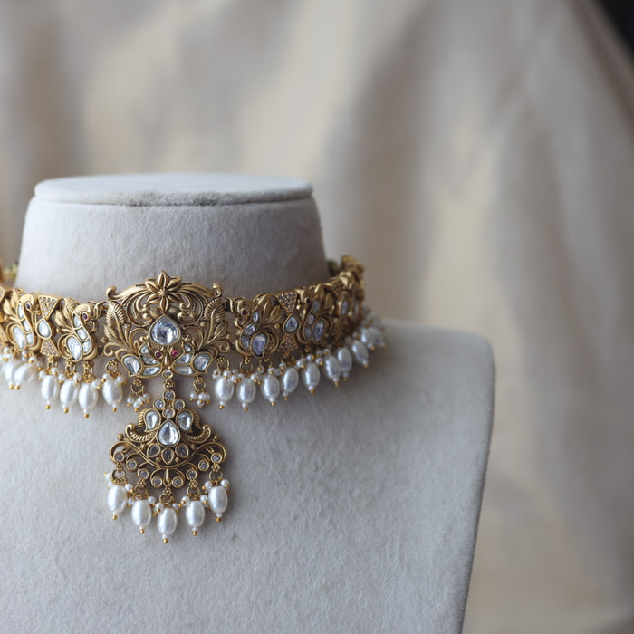 Antique gold and pearl choker necklace with earrings CCB2243
