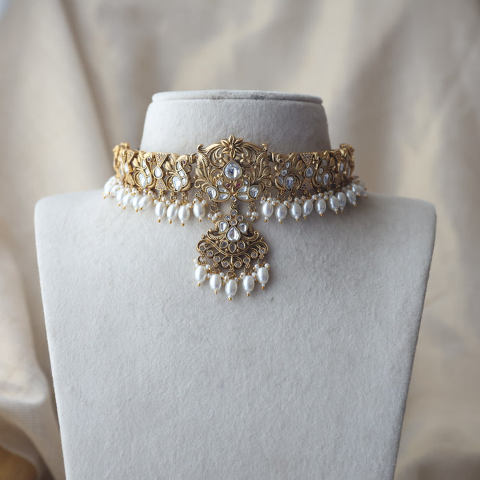 Antique gold and pearl choker necklace with earrings CCB2243